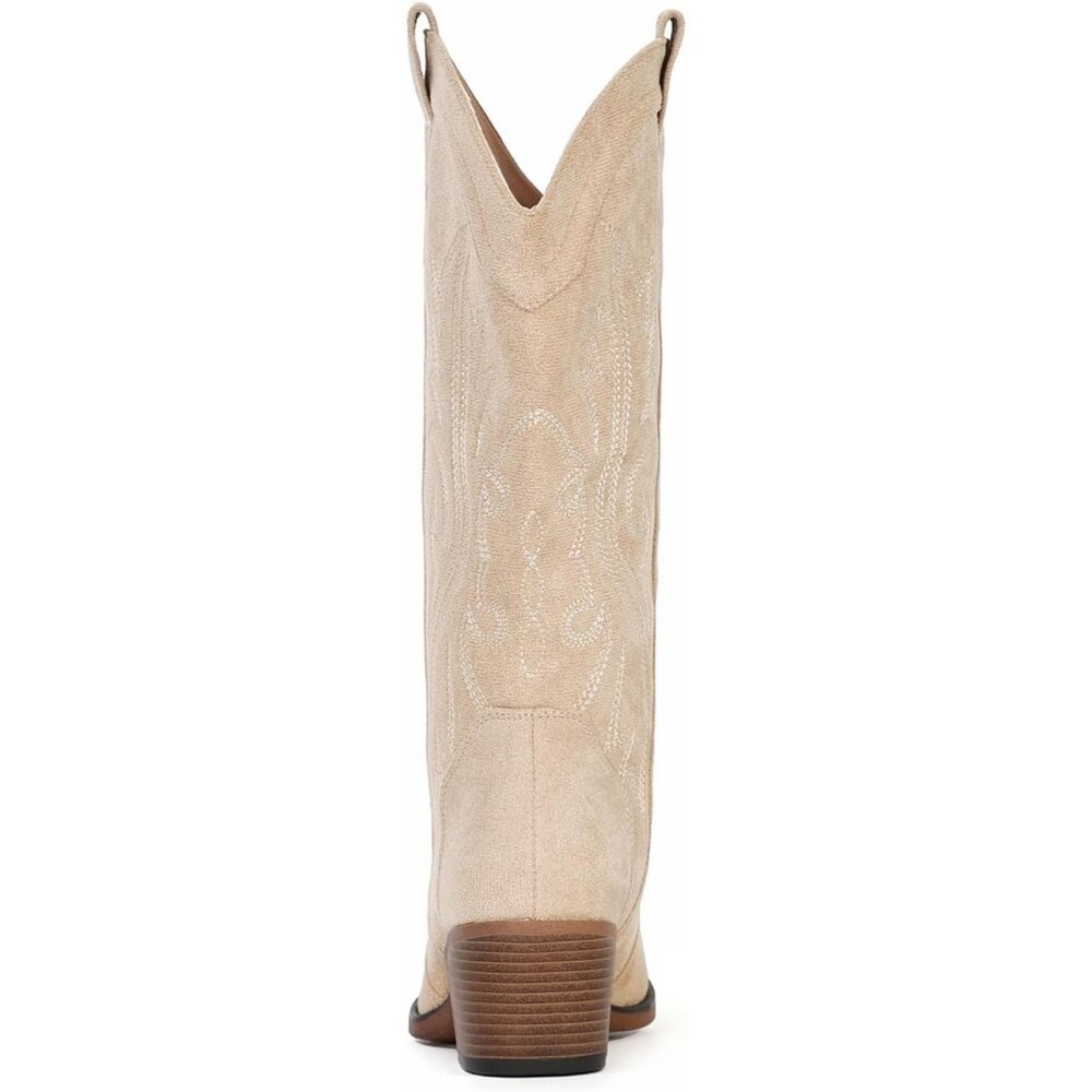 Women's Elegance Embroidery Cream Chunky Heel Mid Calf Snip Toe Western Boots - Picture 6 of 6